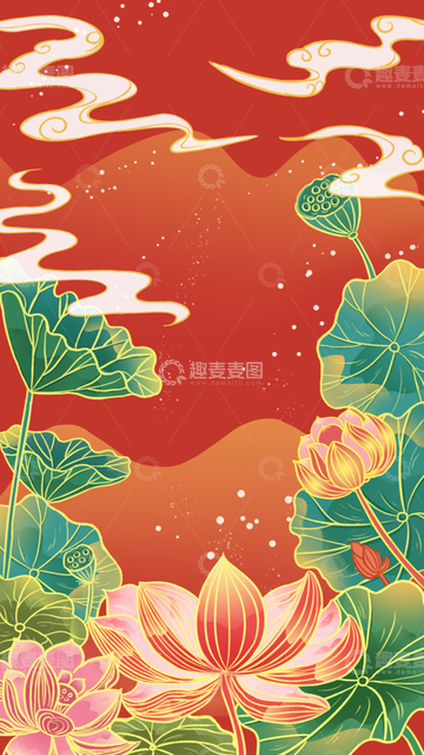 源文件下载【趣麦麦图】红色国潮荷叶风喜庆年货节氛围感手绘背景
