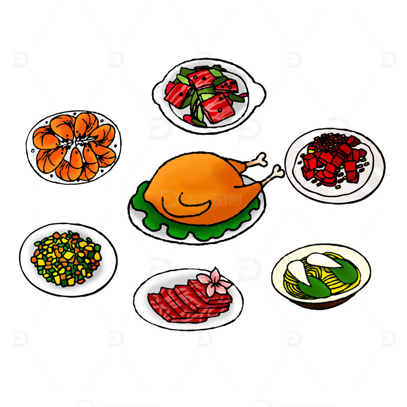 源文件下载【趣麦麦图】新春除夕一桌年夜饭卡通简笔画