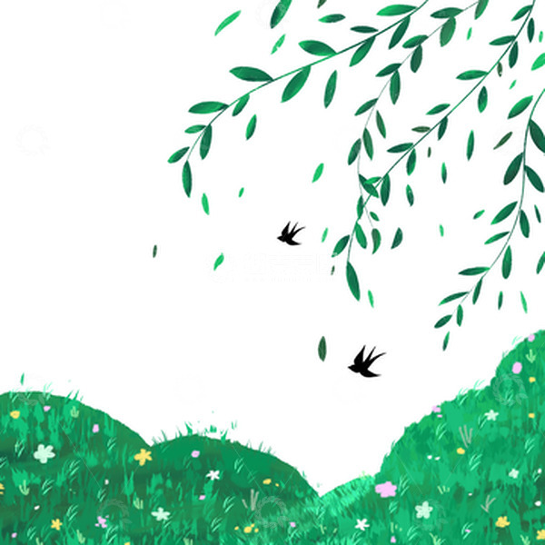 源文件下载【趣麦麦图】-手绘卡通春天立春郊游草丛花草柳条燕子草地