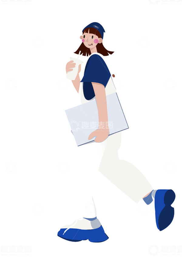 源文件下载【趣麦麦图】白色蓝色扁平风格喝饮料戴帽子走路女孩