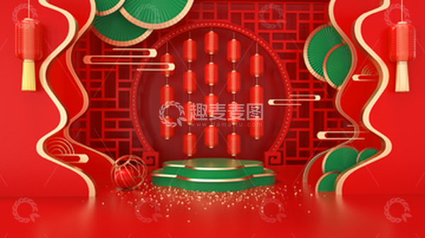 源文件下载【趣麦麦图】红色C4D年货节新年背景