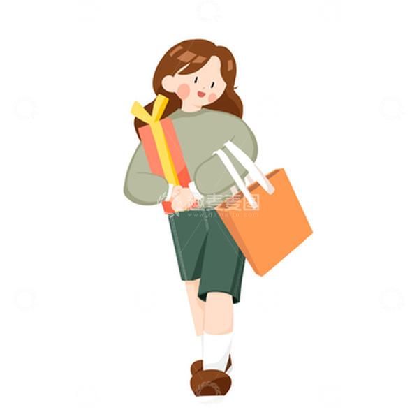 源文件下载【趣麦麦图】绿色小清新购物抱礼物的少女人物
