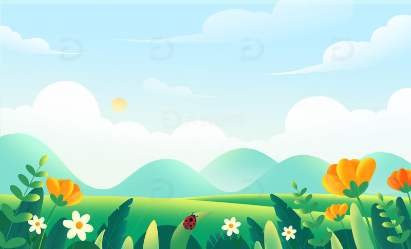 源文件下载【趣麦麦图】绿色小清新春天植物蓝天草地背景