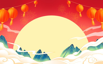 红色喜庆手绘国潮祥云山水灯笼背景