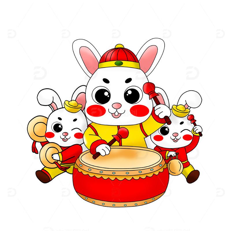 兔年贺新春敲锣打鼓的喜庆卡通兔子