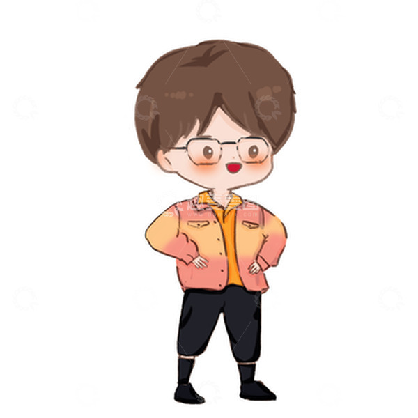 源文件下载【趣麦麦图】橘粉卡通叉腰戴眼镜小男孩手绘