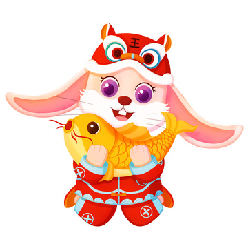 喜庆春节兔子抱锦鲤年年有余新年手绘卡通