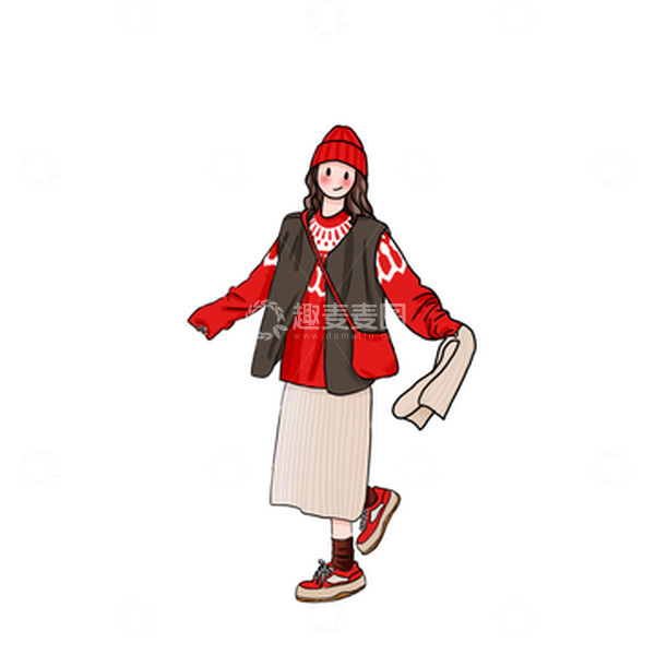 源文件下载【趣麦麦图】扁平风女生秋冬服装搭配穿搭手绘图
