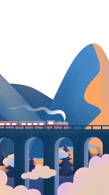 蓝色撞色扁平旅游火车回家手绘图