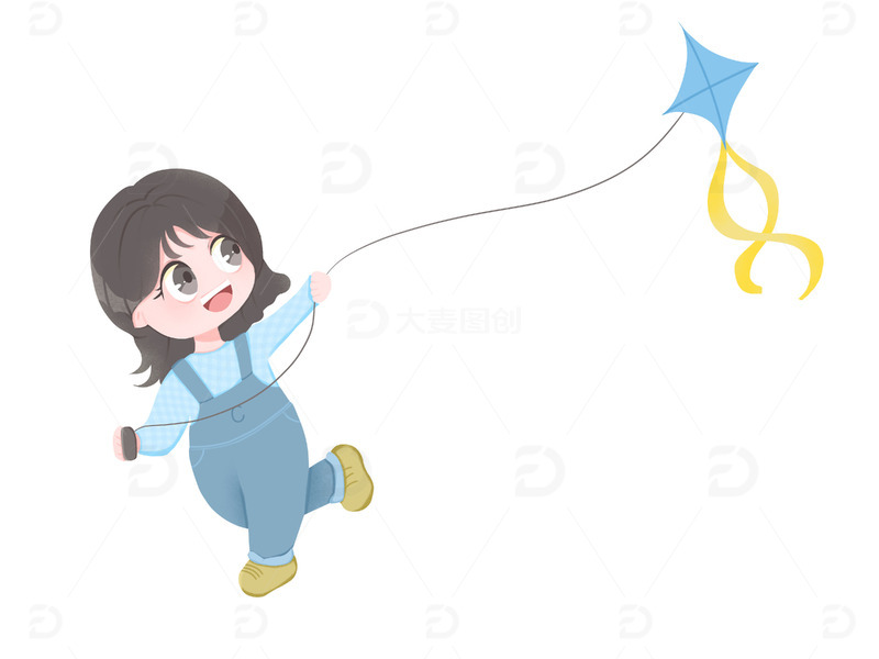 春天野外踏青女孩放风筝插画元素