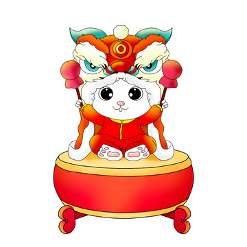 坐在鼓上戴狮子头的新春喜庆兔子