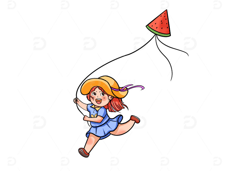 春天郊游小女孩放风筝插画