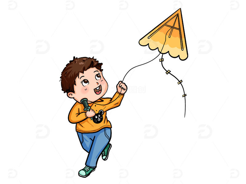 春天踏青小男孩放风筝