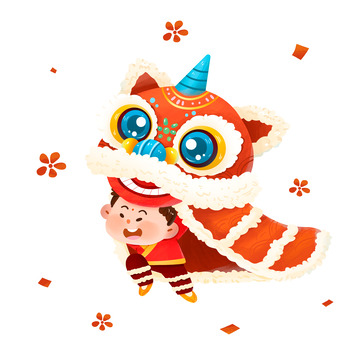 手绘卡通新年开门红舞狮子免抠元素