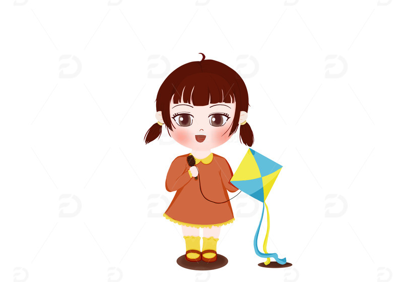 春天郊游踏青小女孩放风筝插画