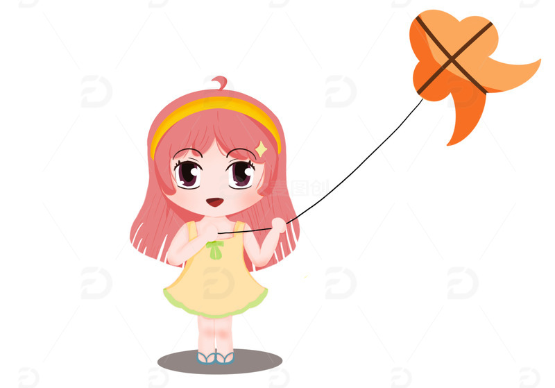 春天踏青小女孩放风筝