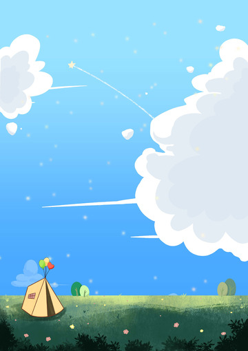 蓝色天空草坪云朵插画背景