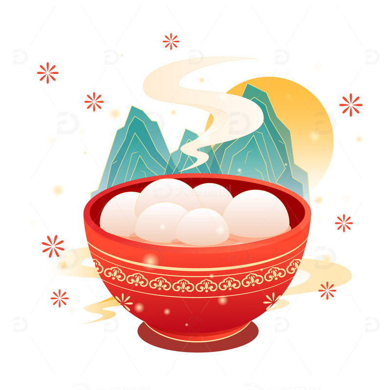 源文件下载【趣麦麦图】红色中国风国潮汤圆山脉装饰插画