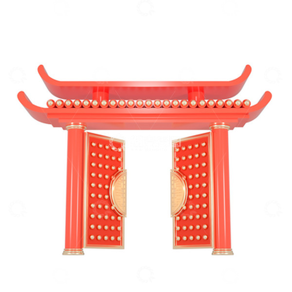 源文件下载【趣麦麦图】红色3D立体开门红牌坊门扣元素