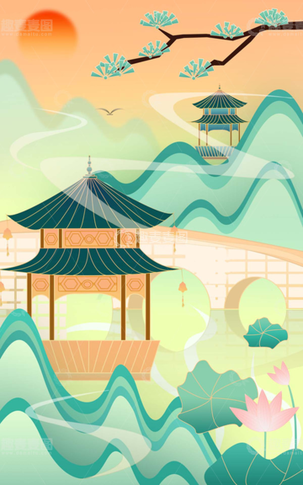 源文件下载【趣麦麦图】-淡绿古风国潮山水荷花海报背景