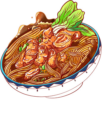 棕色国潮一碗肥肠面手绘元素