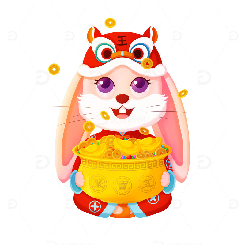 源文件下载【趣麦麦图】新年喜庆兔子抱聚宝盆财源滚滚兔年春节手绘