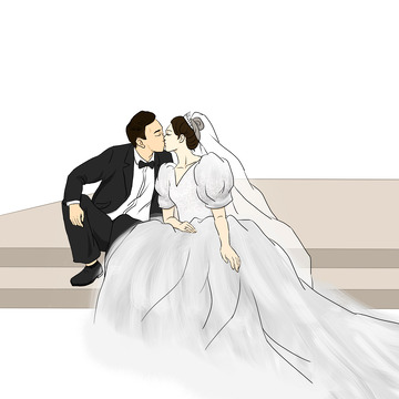 殿堂婚礼接吻婚纱手绘图