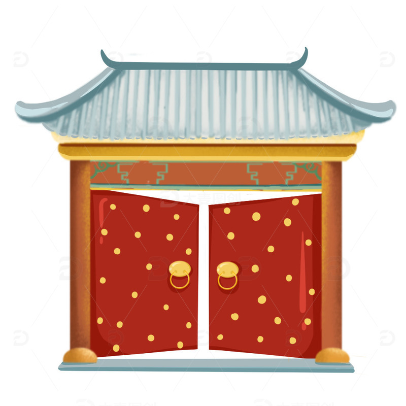 扁平风迎新春开门红红色大门喜庆过节