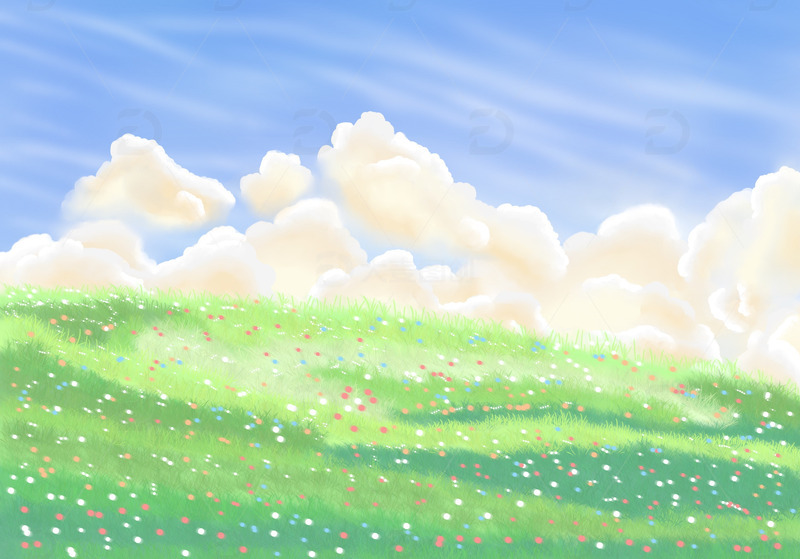 源文件下载【趣麦麦图】小清新蓝天白云草地背景手绘