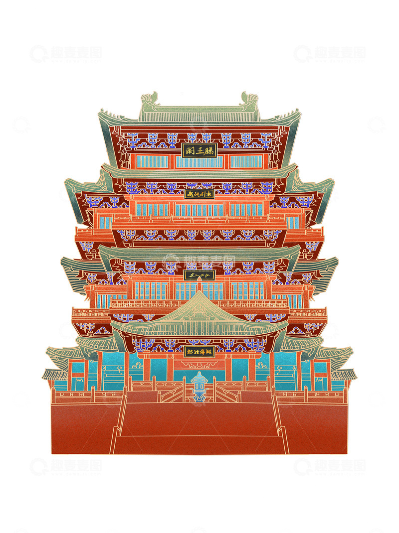 源文件下载【趣麦麦图】手绘国潮南昌地标建筑滕王阁