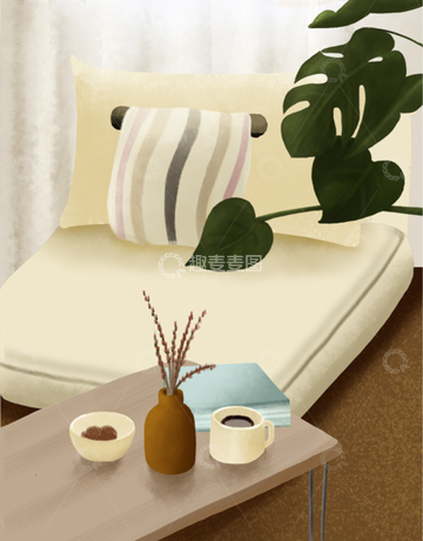 源文件下载【趣麦麦图】清新室内沙发桌子绿植