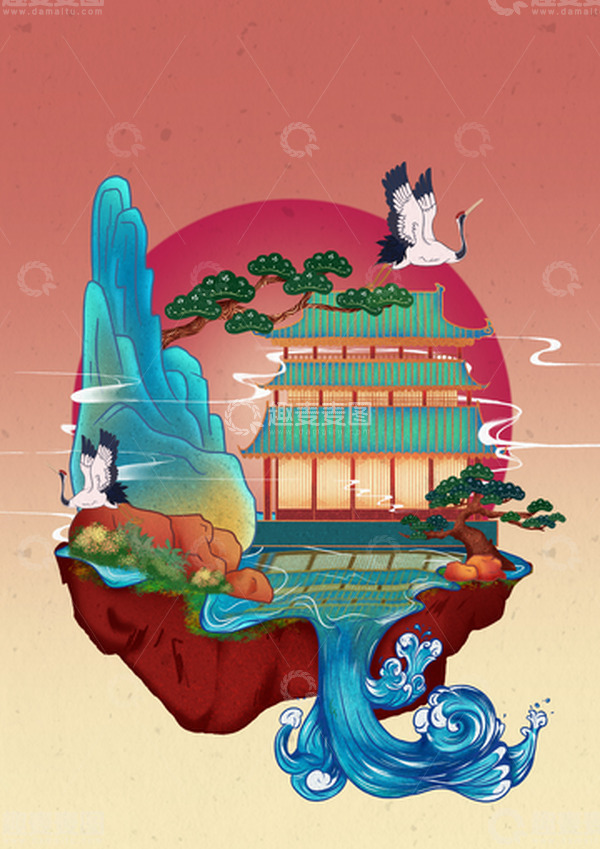 源文件下载【趣麦麦图】红色手绘国潮中国风装饰背景图