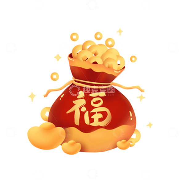 源文件下载【趣麦麦图】手绘卡通新年春节喜庆红色福袋金币元宝插画