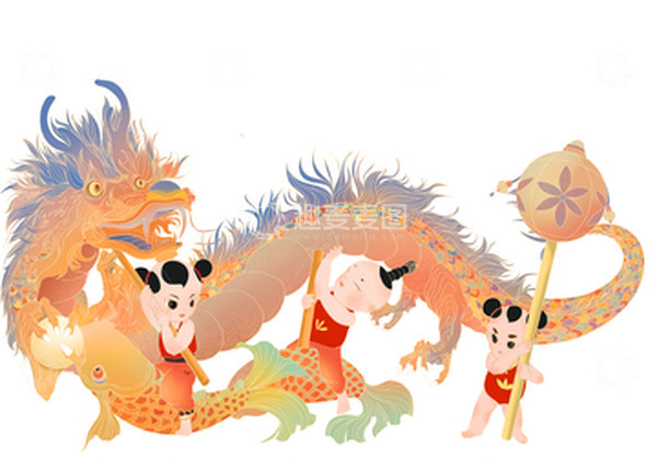 源文件下载【趣麦麦图】-橙色国潮节日孩童舞龙手绘元素