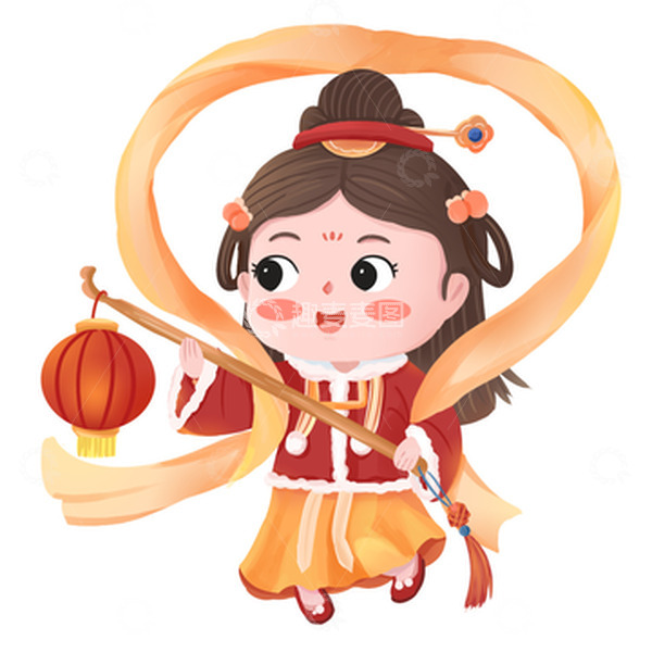 源文件下载【趣麦麦图】红色古风女孩手提灯笼开门红手绘元素