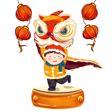 扁平风可爱人物舞狮子开门红迎新春元素