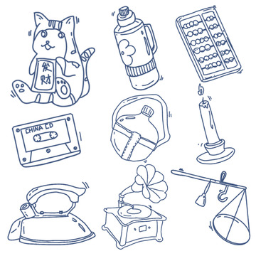 蓝色线条手绘怀旧老物件