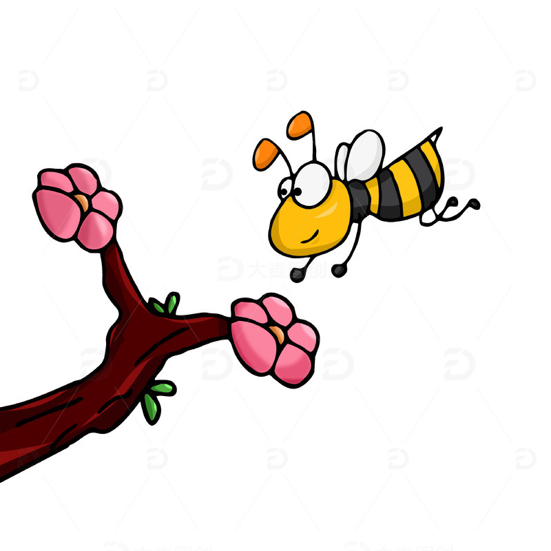 春天蜜蜂昆虫采蜜花朵手绘卡通图