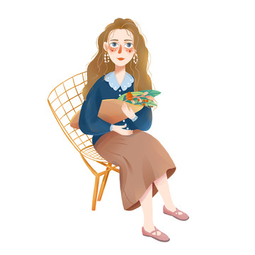 棕色小清新春天女孩坐凳子上手抱着鲜花手绘