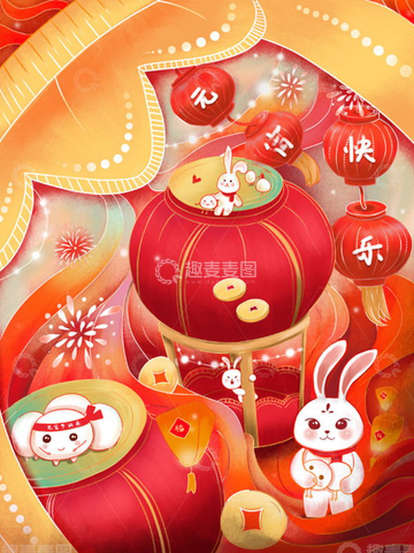源文件下载【趣麦麦图】红色元宵节精致描边国潮灯笼兔子插画