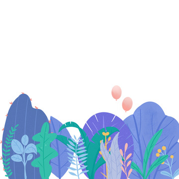 蓝绿色小清新春天草丛野外踏青手绘插画