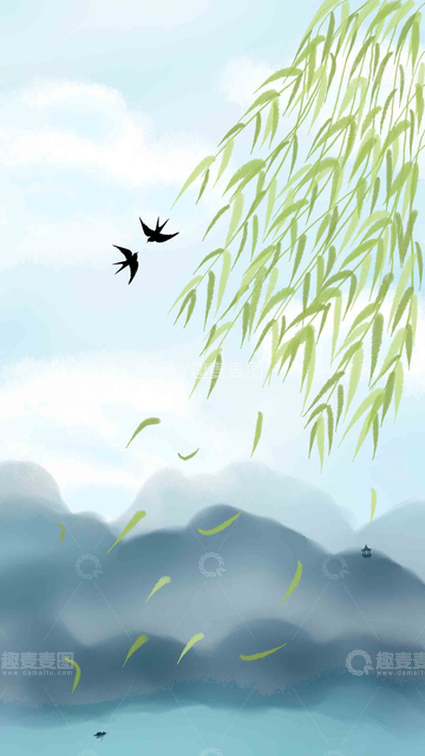 源文件下载【趣麦麦图】蓝色绿色小清新春天柳树景色