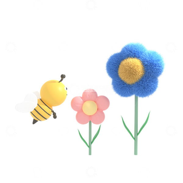 源文件下载【趣麦麦图】-春天蜜蜂采蜜花朵3D立体卡通昆虫春季场景