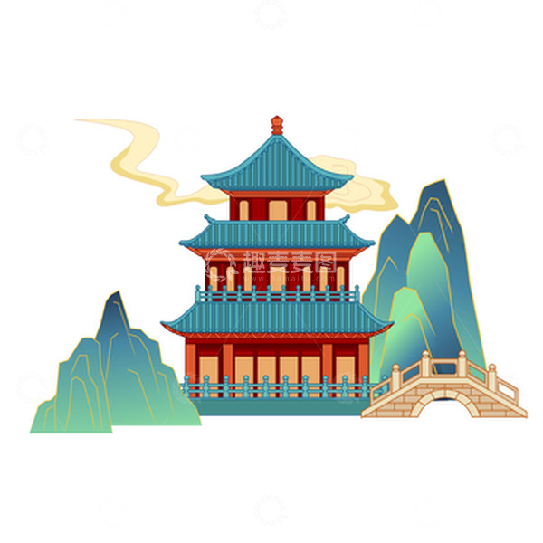 源文件下载【趣麦麦图】青绿山水国潮风建筑