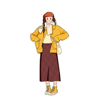 大地色系暖色调扁平风女生春天穿搭手绘图