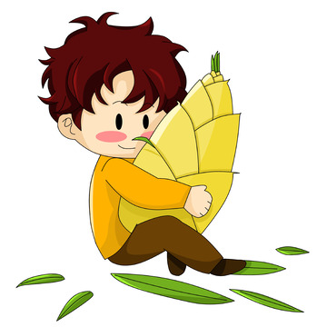 春天抱春笋的卡通可爱男孩