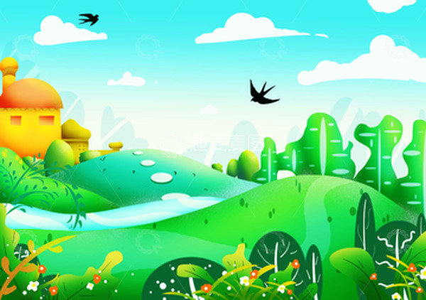 源文件下载【趣麦麦图】绿色小清新春天野外草地田野花草房子春游