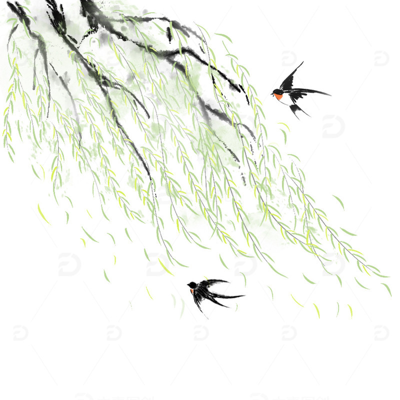 绿色 水墨 春天 柳树 燕子 立春 春分 柳条
