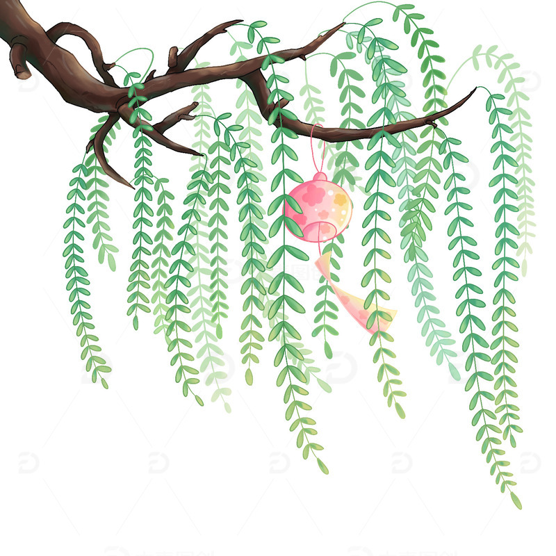 绿色小清新春天柳树柳条手绘图