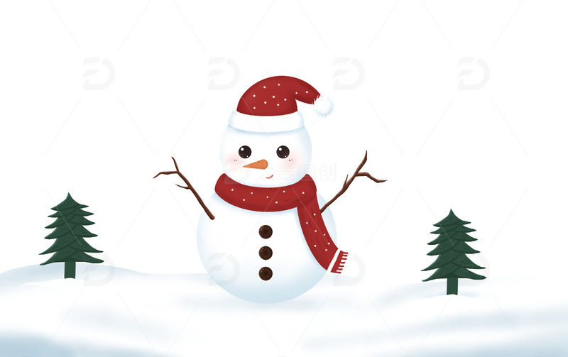 源文件下载【趣麦麦图】冬天森林里的小雪人可爱松树飘落雪花白色